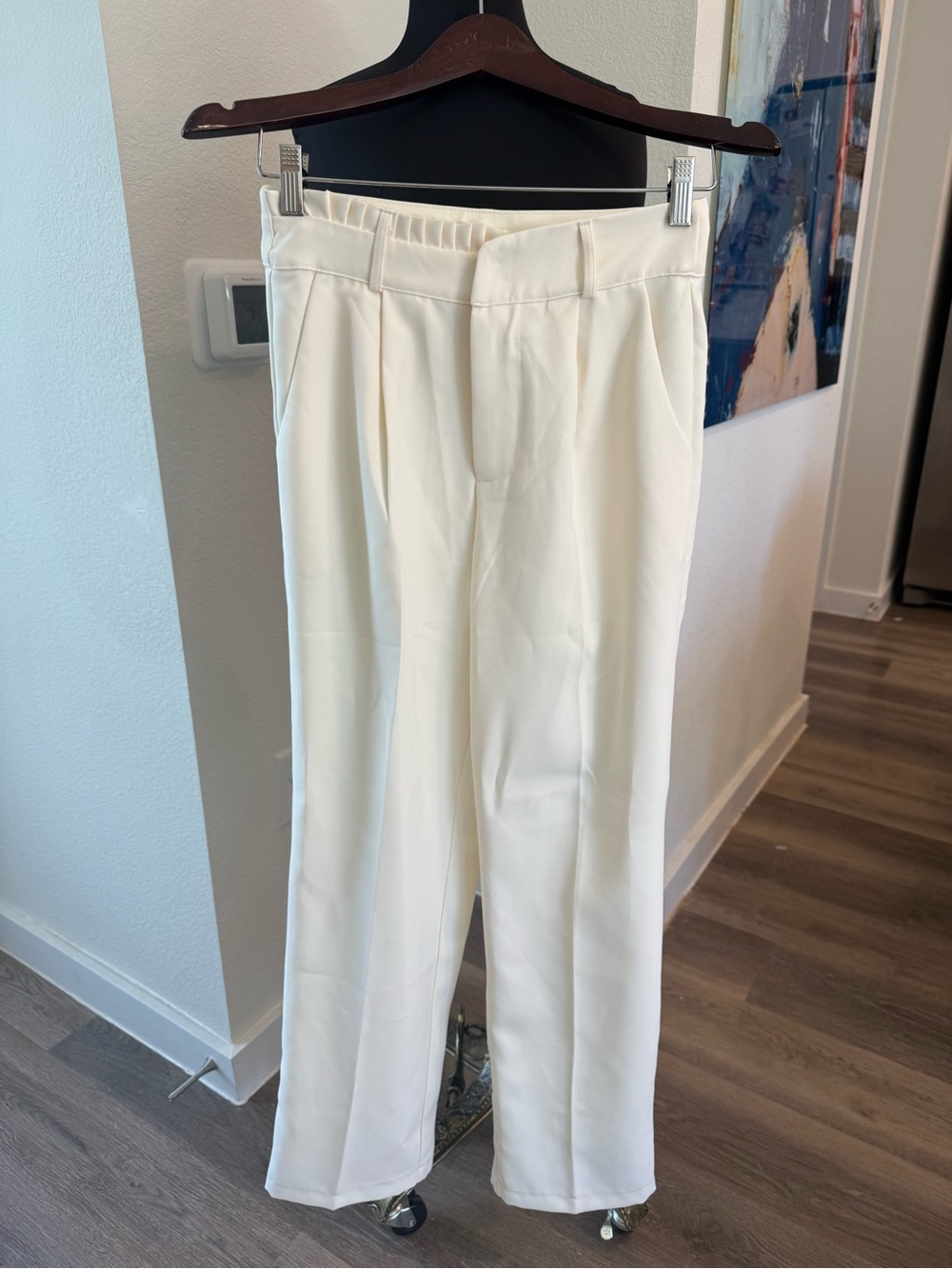 Classic Cream Straight-Leg Trousers with Elastic Back Waist